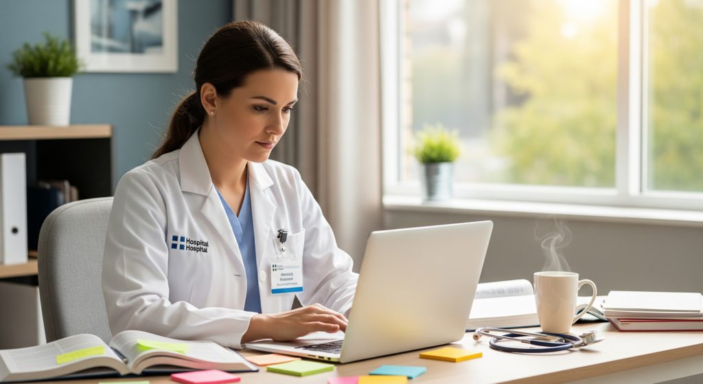 A importância da atualização contínua para Profissionais de Saúde profissional de saúde em um notebook exercendo a atualização contínua